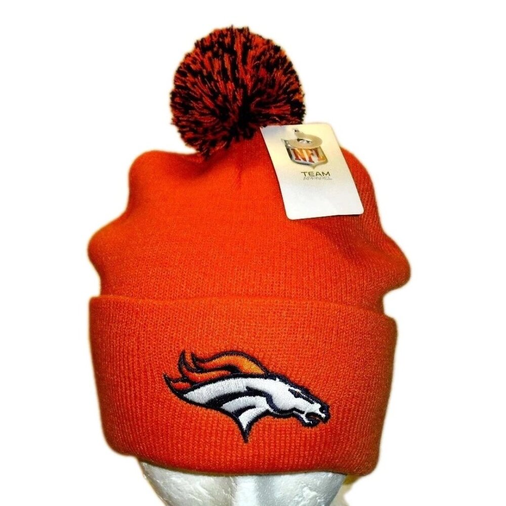 Denver Broncos Mens Adult Pom Orange Beanie Cuff Winter Hat Cap New Tags Nfl